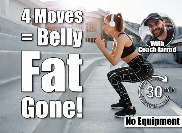 Fit young attractive woman exercising in outdoor arena. Interval training by doing jumps and squats on stairs. Wearing sports active wear and headphones. If You Can Do These 4 Bodyweight Moves, Your Belly Fat Will Melt Away. cover