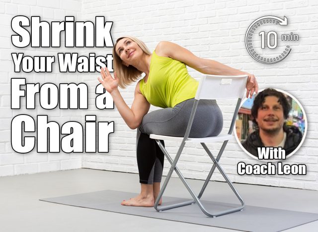 Yoga with a chair. Adult caucasian woman sits and practice side twists with props on a mat in loft white studio indoor, selective focus. 5 Seated Exercises That Sculpt Your Core & Shrink Belly Fat , cover