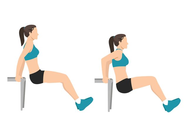 Woman doing bench tricep dips exercise flat vector illustration isolated on white background