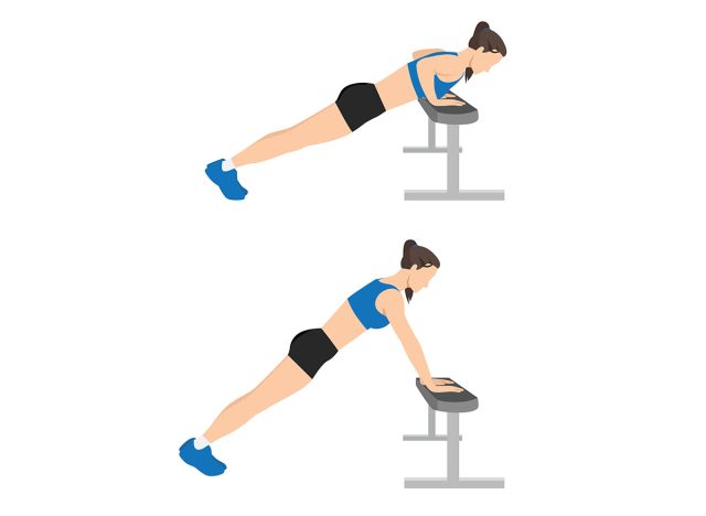 Woman doing Incline push ups exercise. Flat vector illustration isolated on white background