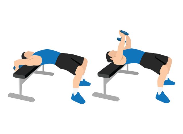 Man doing dumbbell pullover exercise. Flat vector illustration isolated on white background