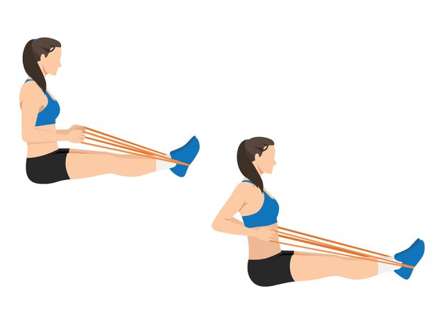 Woman doing Band seated row exercise. Flat vector illustration isolated on white background