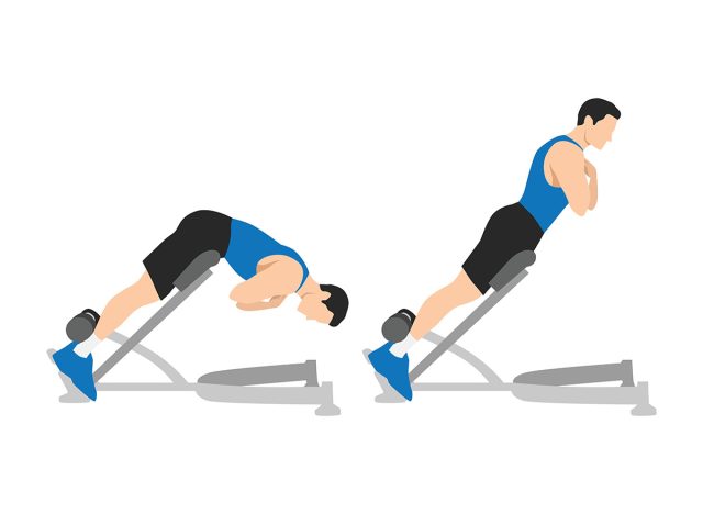 Man doing Back extensions. Hyperextensions exercise. Flat vector illustration isolated on white background