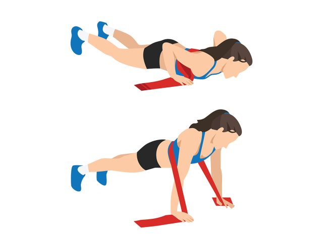 Woman doing Resistance band push up exercise. flat vector illustration isolated on white background