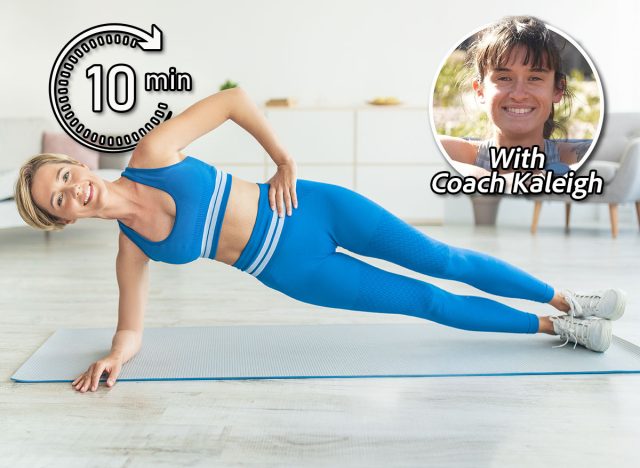 Online Workout. Smiling Sporty Female Standing In Side Plank Position On Floor At Home Training, Looking At Camera Watching Video Tutorial On Pc. Cheerful Lady Exercising Near Computer. Want a Slimmer Waistline? Build These 5 Moves Into Your Morning . Cover