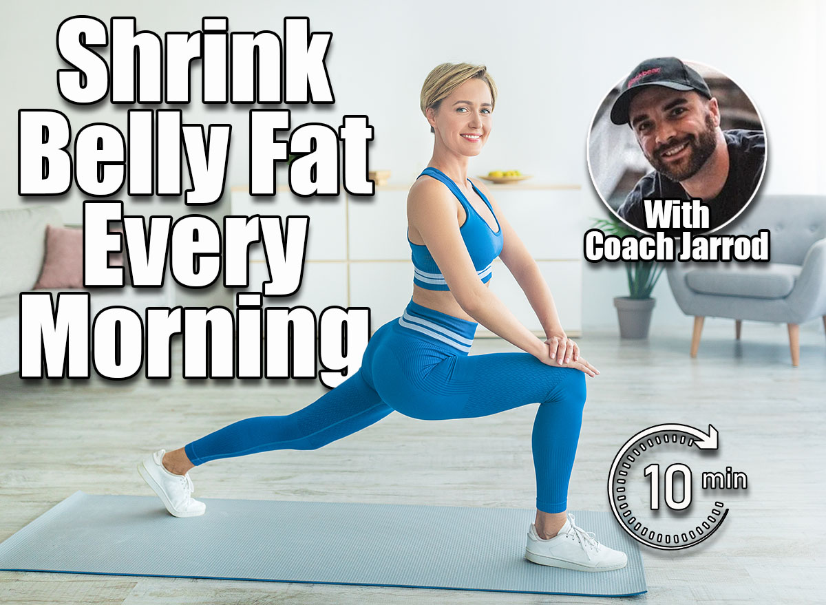 Stay Home Workout, Sport And Healthy Lifestyle. Profile side view of cheerful middle-aged woman doing forward walking lunges, exercising at home on yoga mat and looking at camera, free copy space