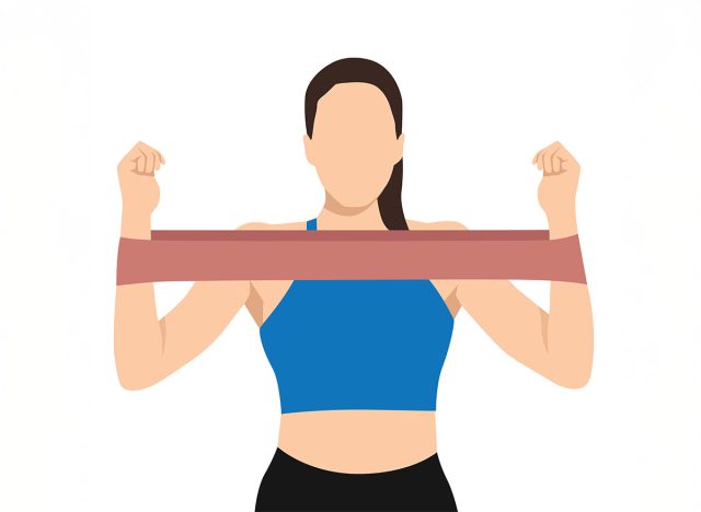 Woman doing toned arm stretch with resistance band exercise. Flat vector illustration isolated on white background