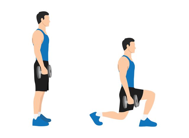 Walking Lunges. Man doing Dumbbell walking lunges exercise. Flat vector illustration isolated on white background