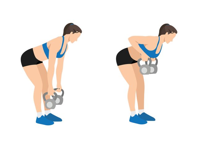 Woman doing Two arm kettlebell row exercise. Flat vector illustration isolated on white background. workout character set