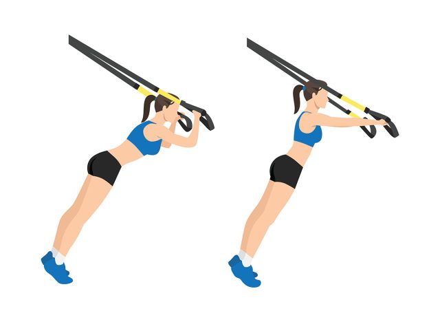 Woman doing TRX Suspension straps triceps extensions flat vector illustration isolated on white background