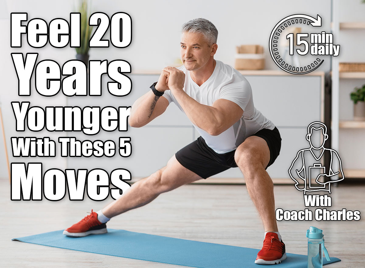 Home serobics. Mature man doing lunges exercises on mat in living room, enjoying domestic fitness training wearing sportswear and smiling, free space.