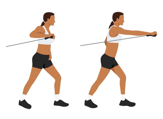Woman doing Side to side lunge with chest presses exercise. Flat vector illustration isolated on white background