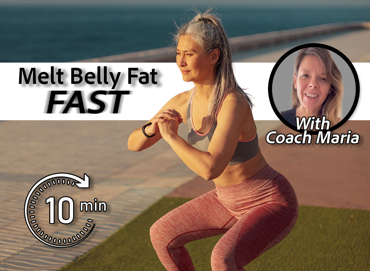 Active sporty woman performing squats on the sports street playground by the coast on warm sunny day. 5 Bodyweight Moves To Melt Your Middle-Aged Belly Fat Fast. Cover. Coach Maria Vazquez