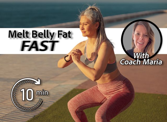 Active sporty woman performing squats on the sports street playground by the coast on warm sunny day. 5 Bodyweight Moves To Melt Your Middle-Aged Belly Fat Fast. Cover. Coach Maria Vazquez