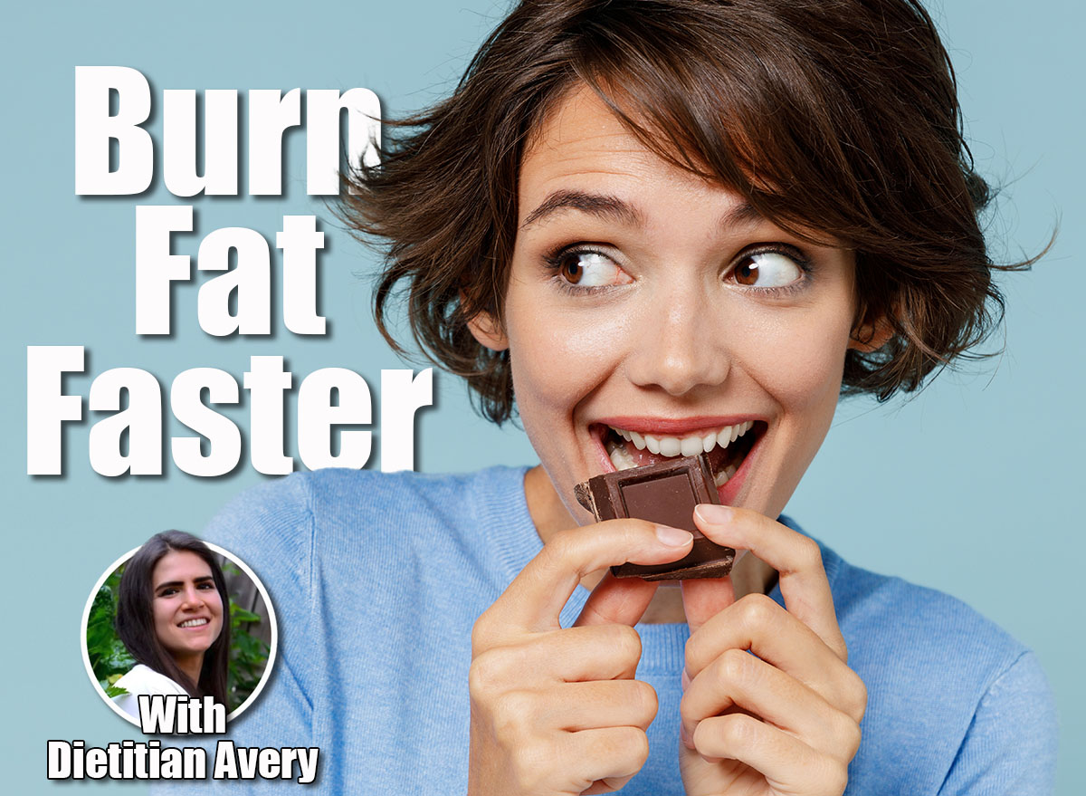 Close up young happy woman in casual sweater hold sweet pink cream donuts biting chocolate bar look camera isolated on plain pastel light blue background studio portrait. People lifestyle food concept. Why Eating Dessert First Helps Women Over 45 Lose Weight Faster Cover