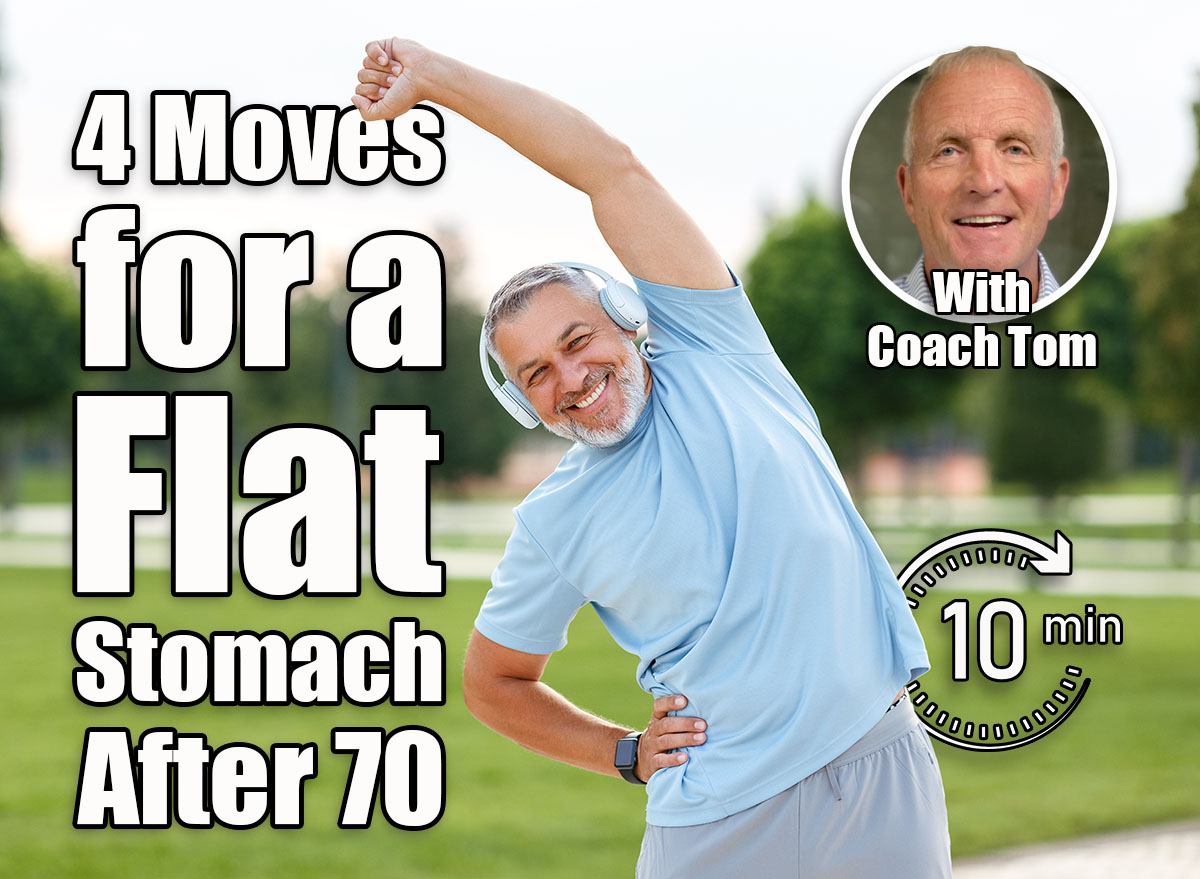 I'm 74 and These Are the 4 Exercises That Keep My Stomach Tight. cover Staying active after retirement. Happy joyful mature retired sportsman wearing headphones and sportswear doing side stretching exercises with arm over his head, exercising outside in city park