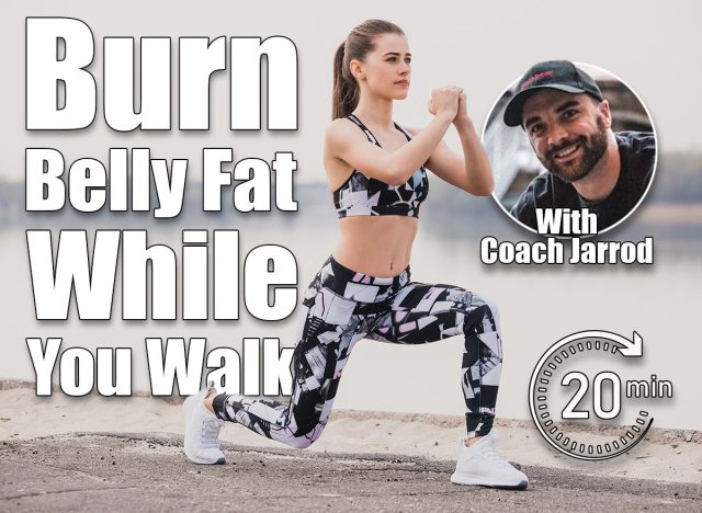 Woman doing walking lunges outdoors overlooking the river. Fitness, sport and healthy lifestyle concept. If You Can Finish This 20-Minute Walking & Strength Workout, You're Burning Fat Like a Pro. Cover