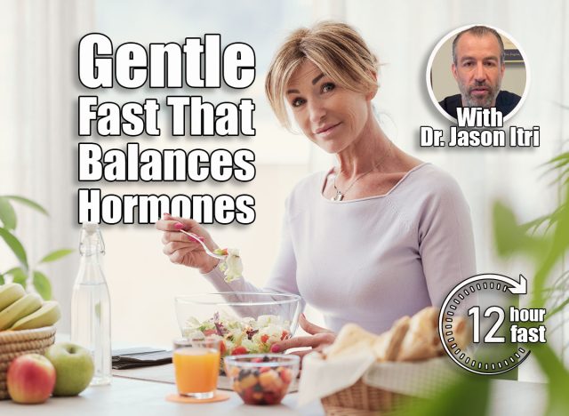 Beautiful mature woman having a healthy lunch break at home, she is smiling at camera. The Gentle 12-Hour Fast That Doesn't Mess With Your Hormones After 40. cover