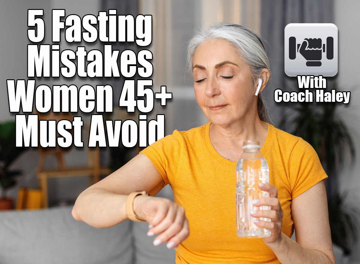 Sporty senior lady with bottle of water checking her watch or fitness tracker, resting on couch after domestic workout. Aged woman staying hydrated during sports training, leading healthy lifestyle. Over 45? Stop Making These 5 Fasting Mistakes That Ruin Weight Loss. Cover