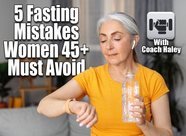Sporty senior lady with bottle of water checking her watch or fitness tracker, resting on couch after domestic workout. Aged woman staying hydrated during sports training, leading healthy lifestyle. Over 45? Stop Making These 5 Fasting Mistakes That Ruin Weight Loss. Cover