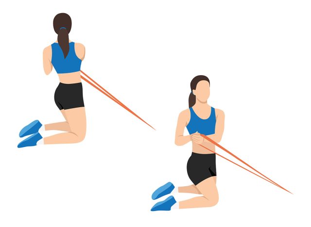 Woman doing core seatted ab twist with resistance band exercise. Flat vector illustration isolated on white background