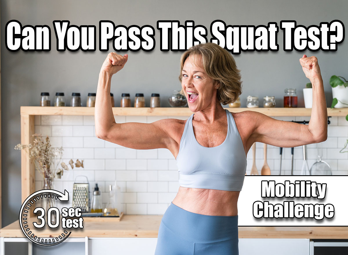 If You Can Do This Kitchen Squat Test, Your Mobility Beats Most 30-Year-Olds. Beautiful mature senior woman at home, domestic life and leisure moments - 50-60 years old pretty female adult wearing sportswear eating healthy food after fitness workout. cover