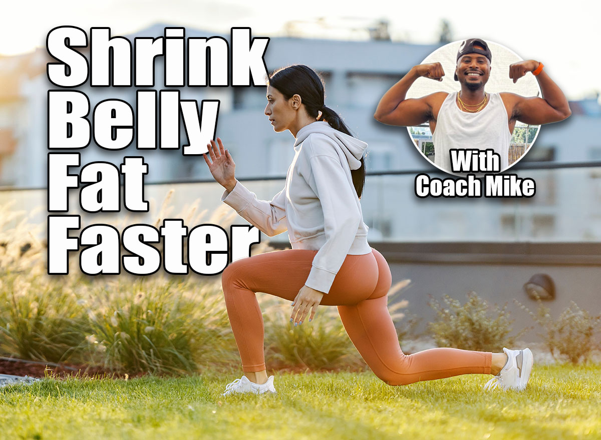 Bodyweight or Cardio? The Best Workout To Shrink Belly Fat After 40 cover. A slim sportswoman is tracksuit is doing walking lunge in urban exterior.