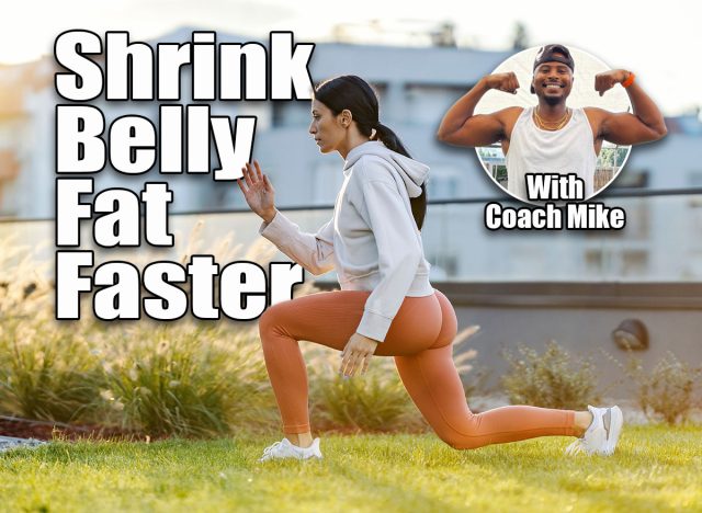 Bodyweight or Cardio? The Best Workout To Shrink Belly Fat After 40 cover. A slim sportswoman is tracksuit is doing walking lunge in urban exterior.