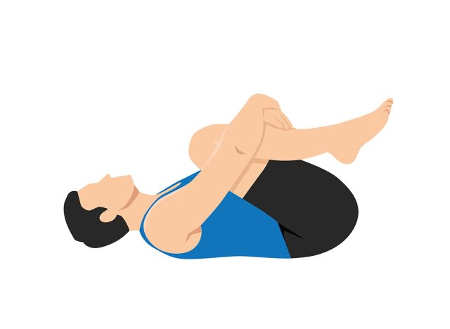 Man doing knees to chest pose apanasana exercise. Flat vector illustration isolated on white background