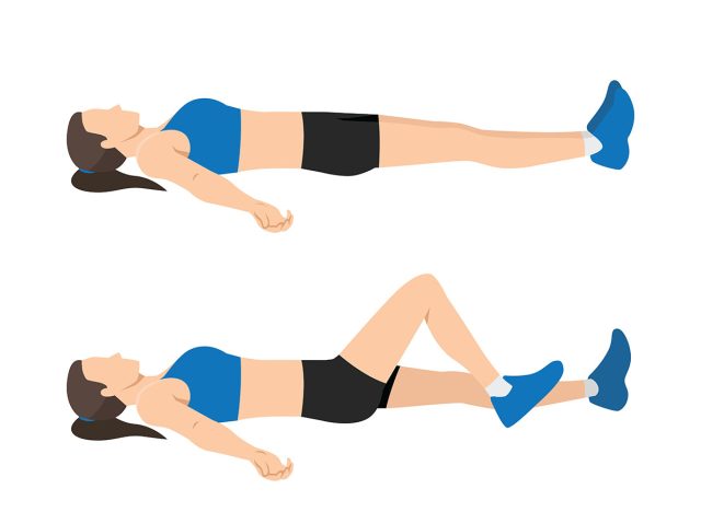 Woman doing Laying heel slides or knee bends exercise. Flat vector illustration isolated on white background