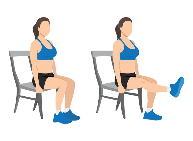 Woman doing seated chair leg extensions. Flat vector illustration isolated on white background