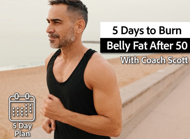 Middle-aged muscular man runs along the promenade before jogging. 5-Day Workout Plan That Melts Belly Fat for Men Over 50, Trainer Says