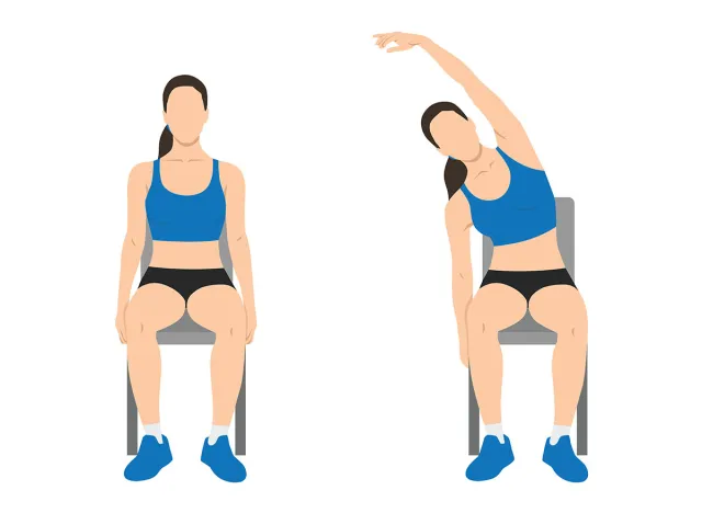 Woman doing seated side bends or lat stretch exercise. Flat vector illustration isolated on white background