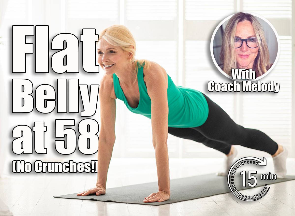 Domestic Workout. Sporty Middle Aged Woman Doing Plank Exercise At Home, Smiling Happy Mature Female Training In Light Living Room, Beautiful Lady Exercising On Yoga Mat, Copy Space. The 5-Move Core Workout That Keeps My Midsection Flat at 58. Cover