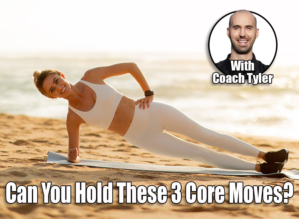 Young european woman standing in side plank amidst her workout, illuminated by the gentle sunset. Her silhouette gracefully contrasts against the softly colorful horizon. If You Can Hold These 3 Positions, Your Core’s Stronger Than You Think. cover