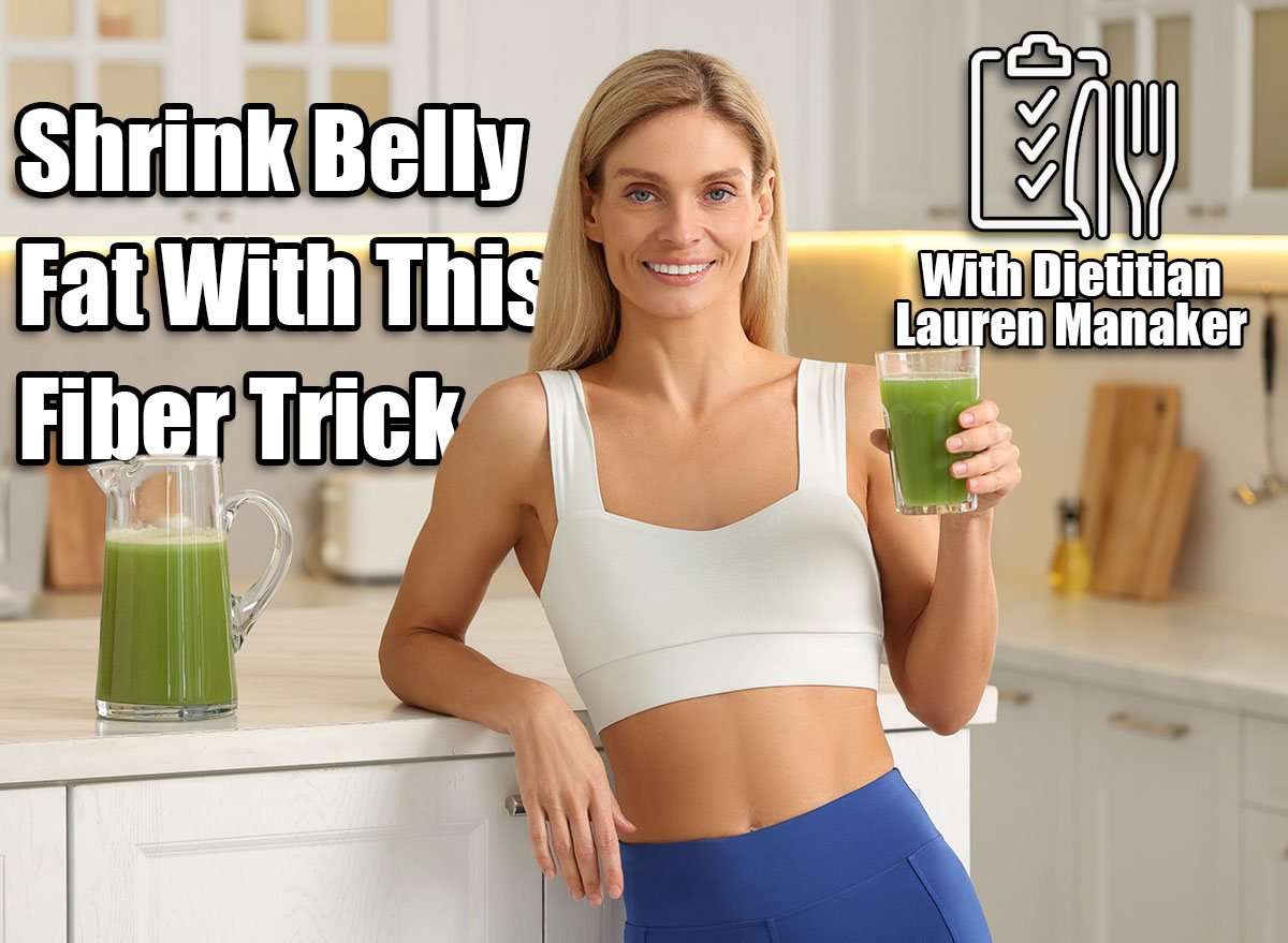 Happy woman with glass of fresh celery juice in kitchen. Women Over 50 Are 'Fibermaxxing' and Swear It Shrinks Belly Fat. Cover