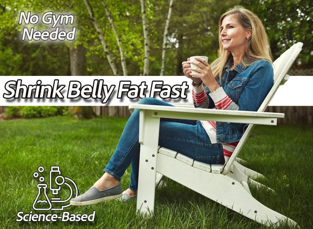 Coffee, calm and woman relaxing in backyard for peace and break on weekend at home in Canada. Smile, nature and mature female person on outdoor chair drinking cappuccino, latte or espresso in garden. 4 Lazy Girl Habits That Melt Belly Fat After 50 (Science Explains Why). Cover