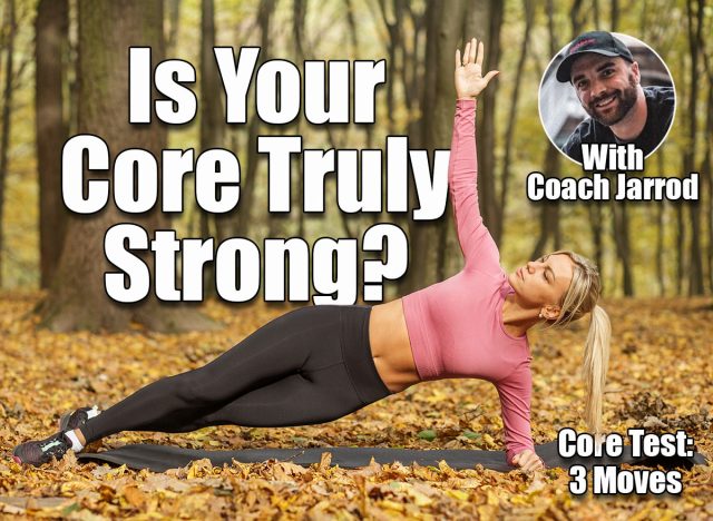 Fit woman in pink top and black leggings holding side plank pose on yoga mat during an outdoor workout in forest surrounded by autumn leaves. If You Can Hold These 3 Planks, Your Core Strength Is Elite. Cover