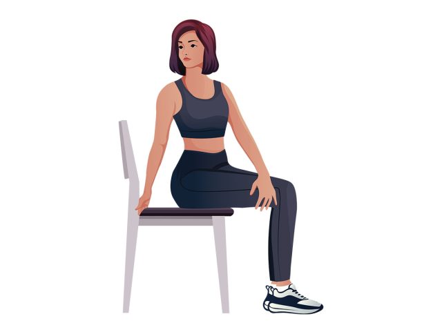 Exercises that can be done at-home using a sturdy chair.chair exercise,Torso Twists.Flat vector illustration isolated on white background.