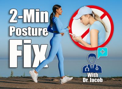 A woman in a vibrant blue outfit briskly walks along a serene waterside path, basking in the calmness of a clear morning sky. If You Walk Like This, You’re Wrecking Your Posture, Expert Warns. cover