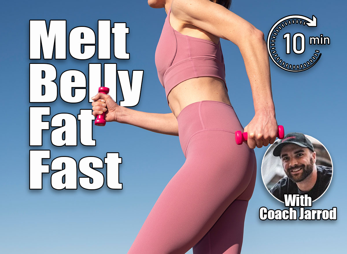 sporty woman holding hand weights working out power walking. Do These 6 Morning Exercises To Torch Belly Fat All Day. Cover