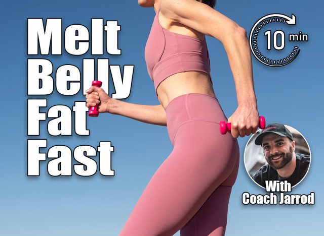 sporty woman holding hand weights working out power walking. Do These 6 Morning Exercises To Torch Belly Fat All Day. Cover