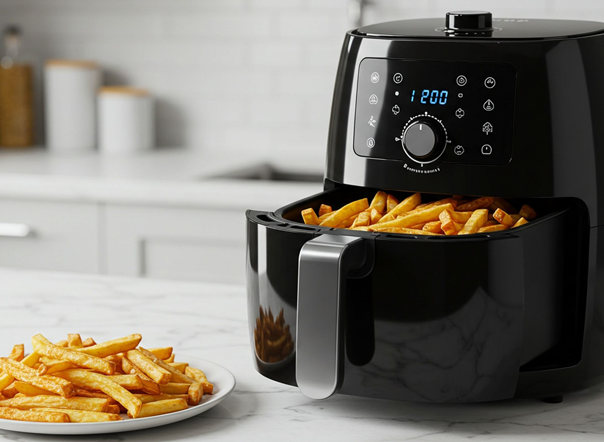 Crispy french fries cook in a sleek black air fryer on a marble countertop, with a plate of golden fries beside it, capturing a modern kitchen and healthy cooking.
