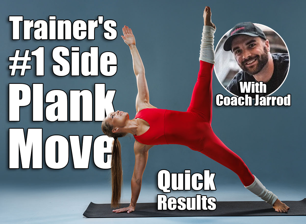 I'm a Trainer and This Side Plank Variation Builds Elite Core Strength. Cover. Athletic woman in red outfit balancing in advanced side plank yoga pose, showing core strength and control.