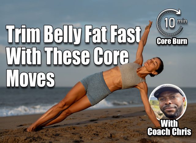 Female Athlete Performing a Side Plank Yoga Pose on a Beach at Holding vs. Moving: What Type of Core Workouts Trim Belly Fat Faster?