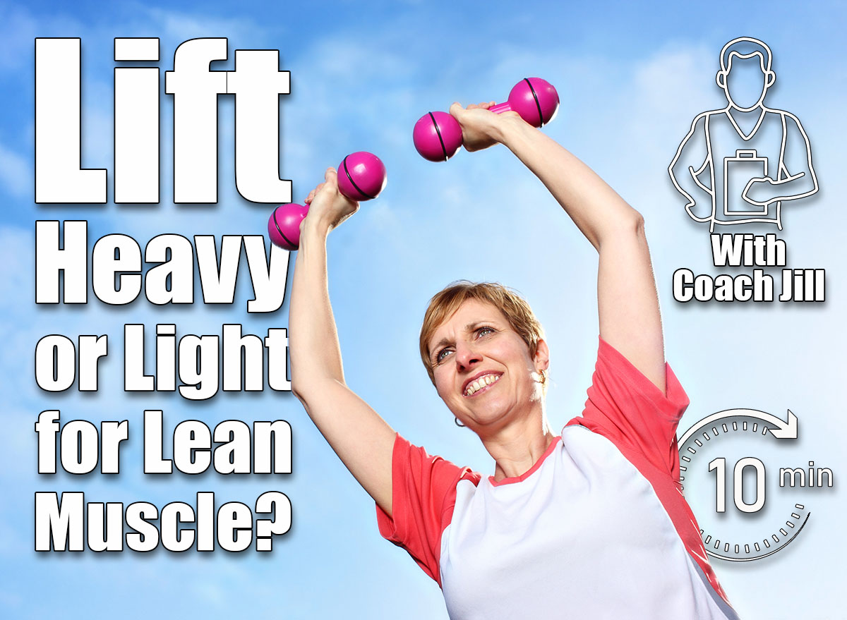 Mature woman exercising outdoors in the fresh air, raising dumbbells above her head. Should You Lift Heavier With Fewer Reps or Lighter With More To Build Lean Muscle?