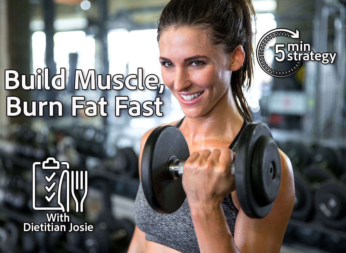 Commercial female model with perfect smile lifting weights curling dumbbell for toned fit arms. 5 Best Ways To Feed Muscle & Melt Body Fat. Cover