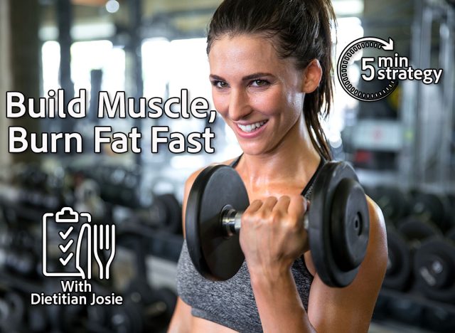 Commercial female model with perfect smile lifting weights curling dumbbell for toned fit arms. 5 Best Ways To Feed Muscle & Melt Body Fat. Cover