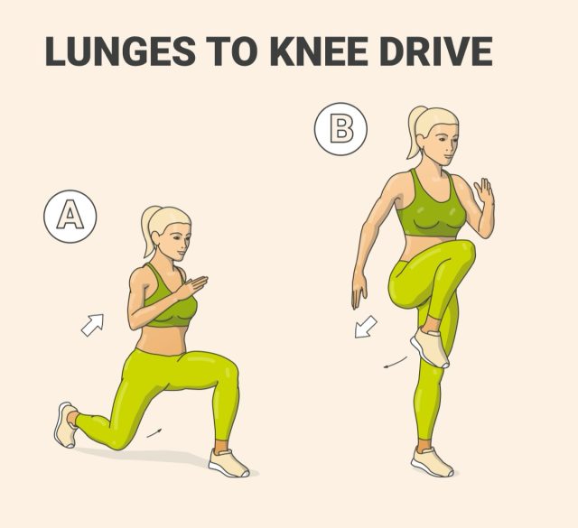 Reverse Lunges to Knee Hops Home Exercise Guidance. Lunges to Knee Drive Athletic Young Woman in Sportswear Does Fitness Workout Exercise.