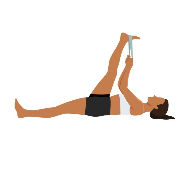 Woman doing Lying Hamstring stretch with elastic band exercise. Flat vector illustration isolated on white background